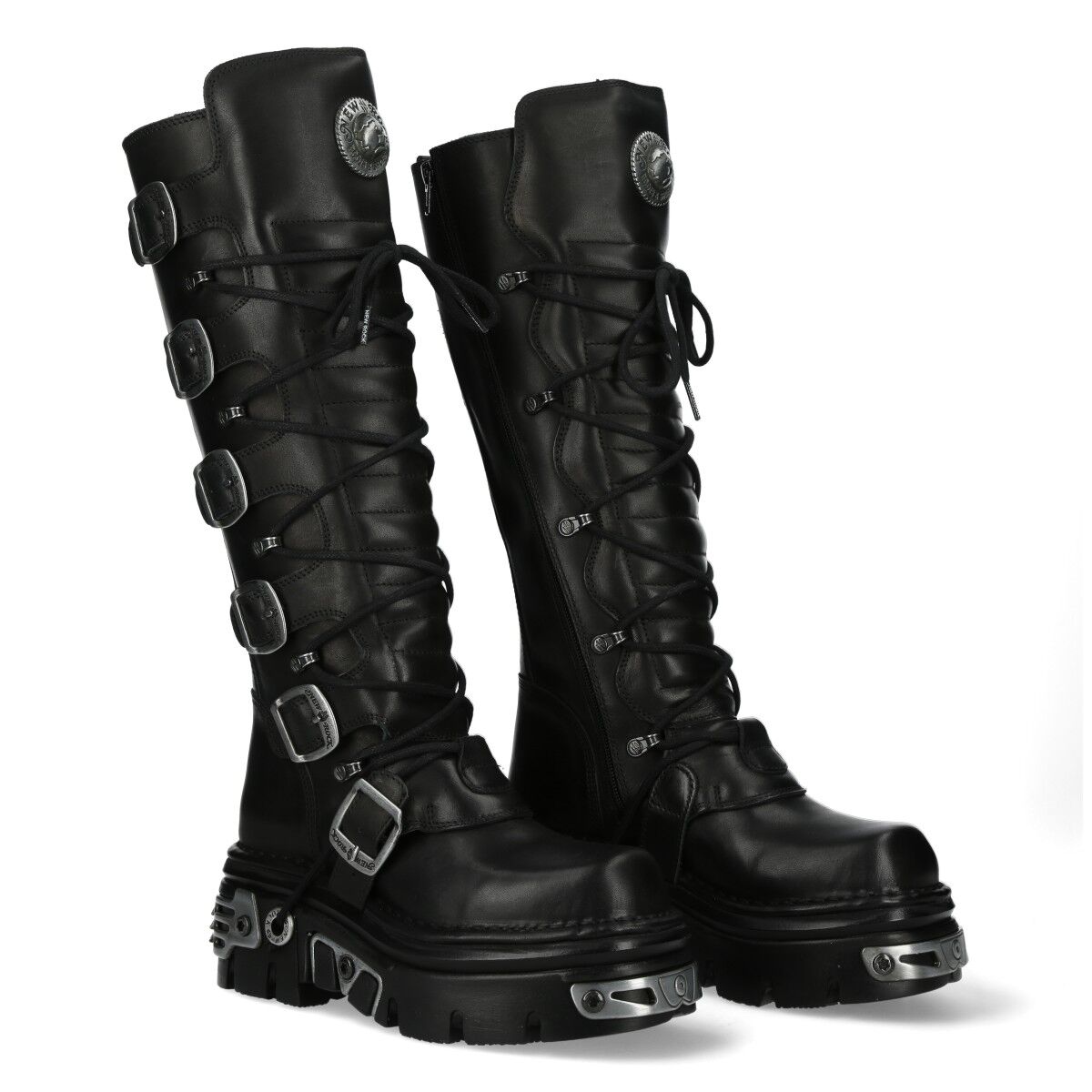 New Rock 272-S1 Hoher Stiefel Echtleder - Schwarz, Stiefel, Kniehoch, Lackleder, Gürtelriemen, Schnürung