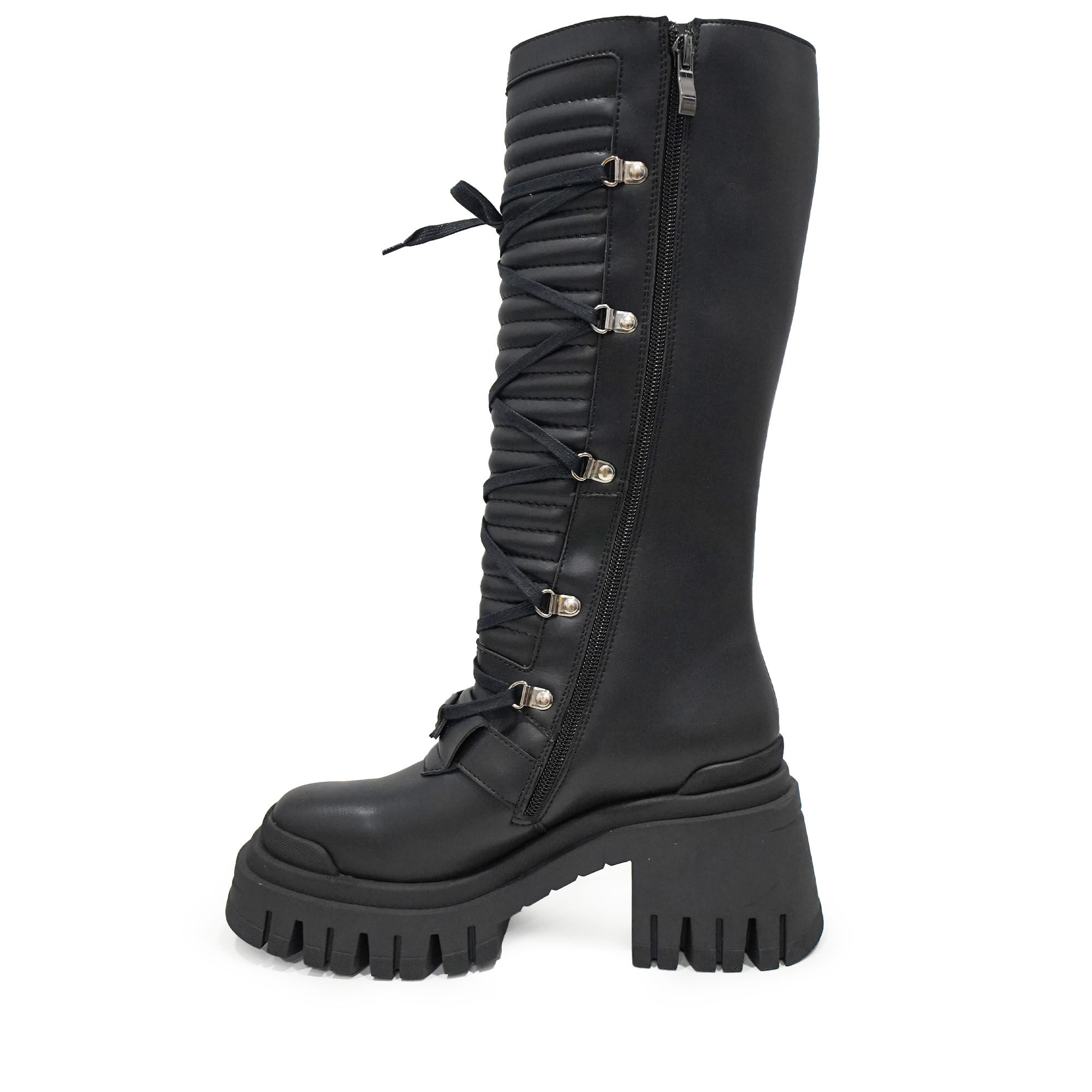ALTERCORE KARA VEGAN – Plateau-Schuhe mit Schnallen-Details in Schwarz, Stiefel, Kniehoch, Lederlook, Schnürung, Gummisohle