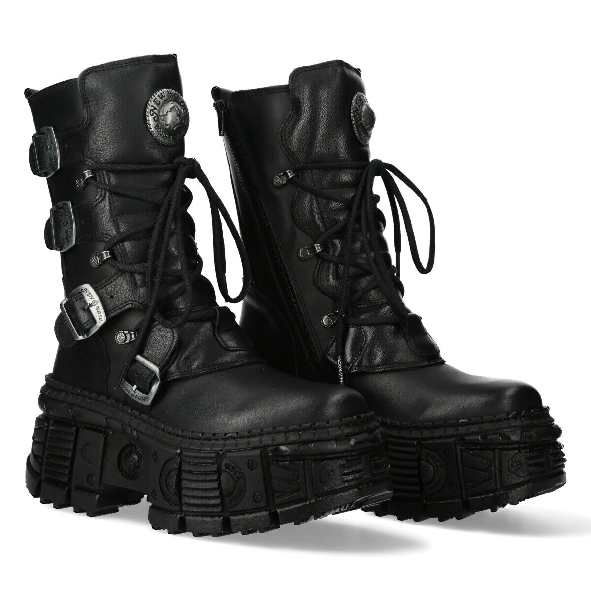 New Rock M-WALL373-S5 Stiefelette Echtleder - Schwarz, Stiefel, Schwarz, Gürtelriemen, Leder, Combat-Stiefel