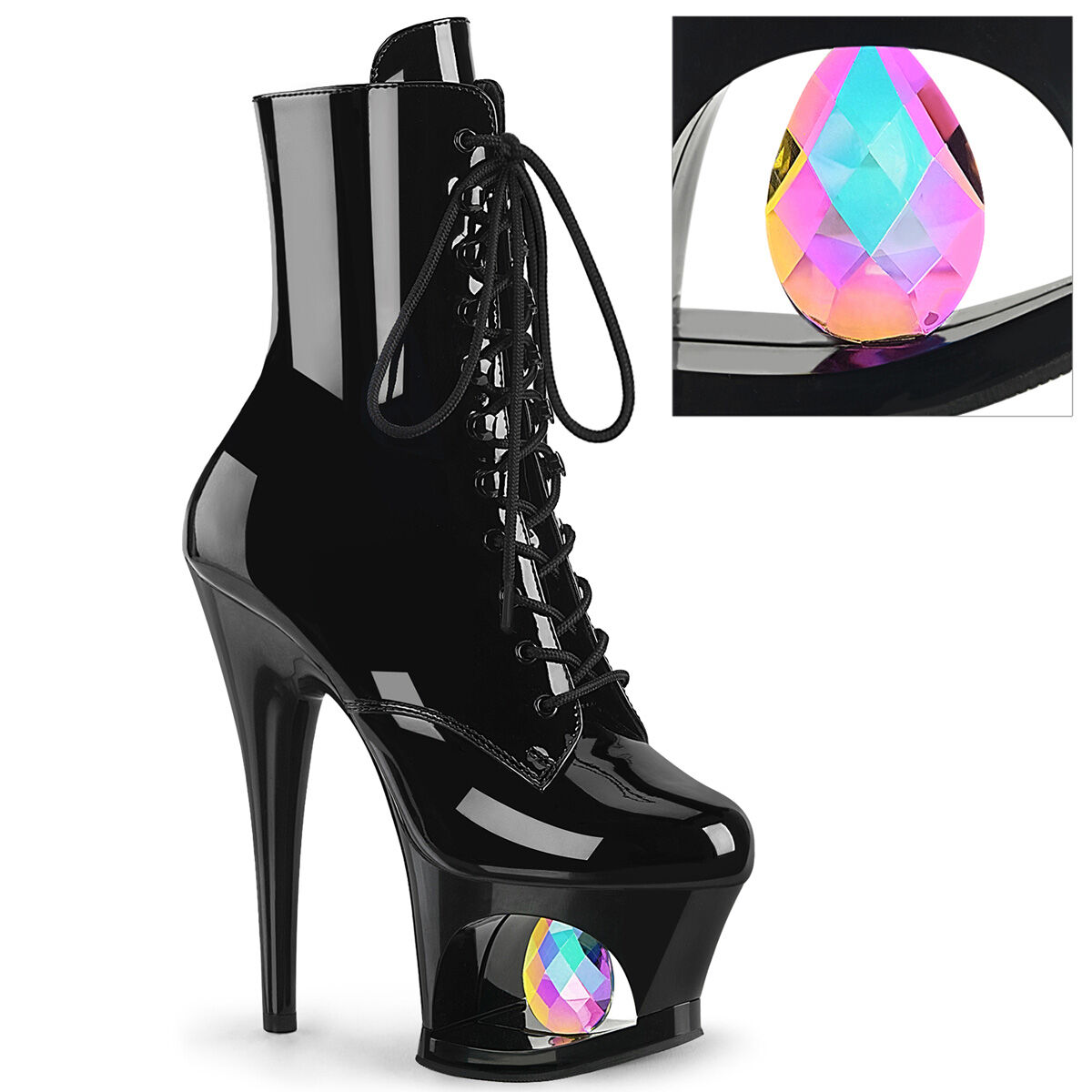 pleaser-moon-1020dia-plateau-stiefeletten-schwarz-lack-glanz-mit-kristall, Bekleidung, Schuhwerk, Hoher Absatz, Schuh