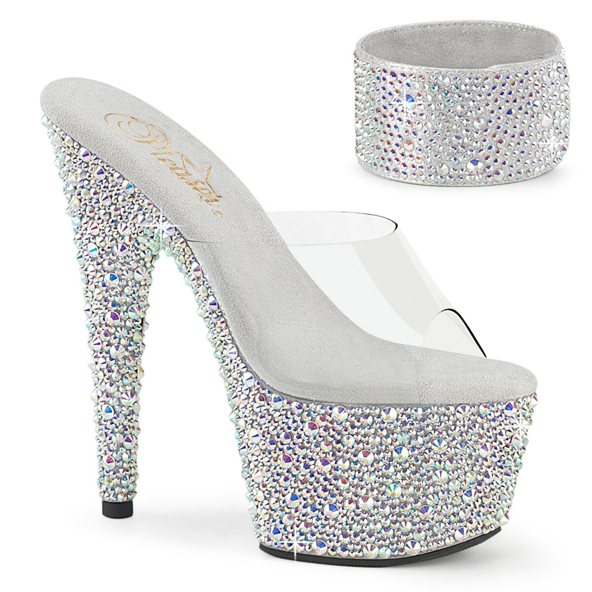 pleaser-bejeweled-712ms-plateau-sandalen-klar-silber-glitzer-absatz, Bekleidung, Schuhwerk, Hoher Absatz, Schuh
