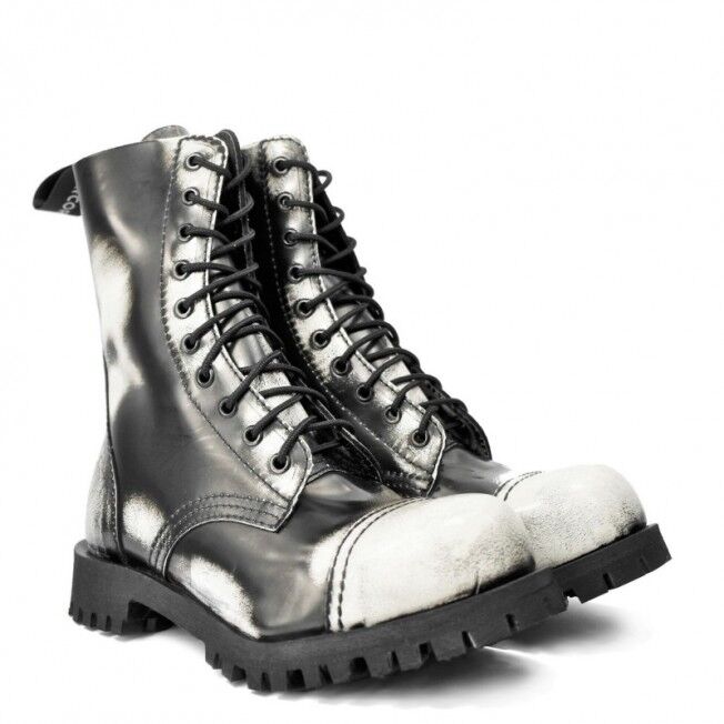 ALTERCORE 551 skórzane – Czarno-białe glany 10-dziurkowe ze stalowym noskiem i efektem Rub-Off , Stiefel, Stiefel Paar, Lackleder, Stiefel metallic, Gummisohle, Stiefel, Lackleder, Stiefel mit Schnürung, Metallic Leder, Gummisohle, Stiefeletten, Stiefel,