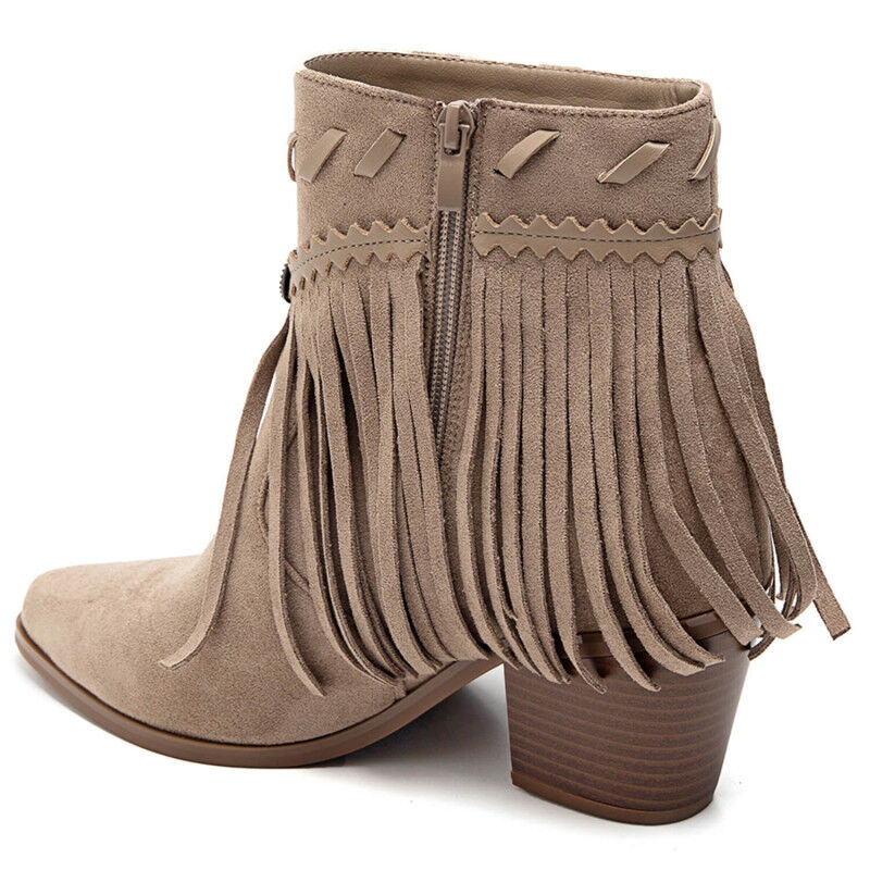 PeachyBoots Boho Western Booties Beige mit Fransen 41, Bekleidung, Schuhwerk, Schuh, Hoher Absatz