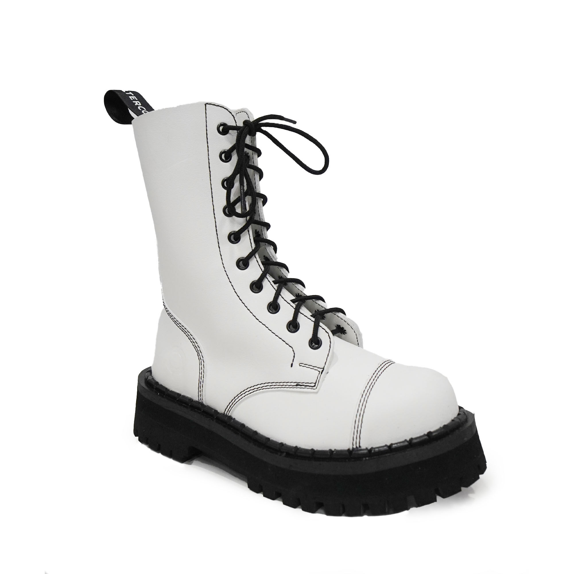 ALTERCORE 353 Vegan – Białe glany 10-dziurkowe ze stalowym noskiem , Stiefel, Kunstleder, weiße Boots, Schnürung, Gummisohle, Stiefel, Gummisohle, Lace-up, Weiße Stiefelette, Schwarz-Graue Ziernaht, Stiefel, Stiefelhoch, Boots, Leder, Gummisohle, Stiefel,
