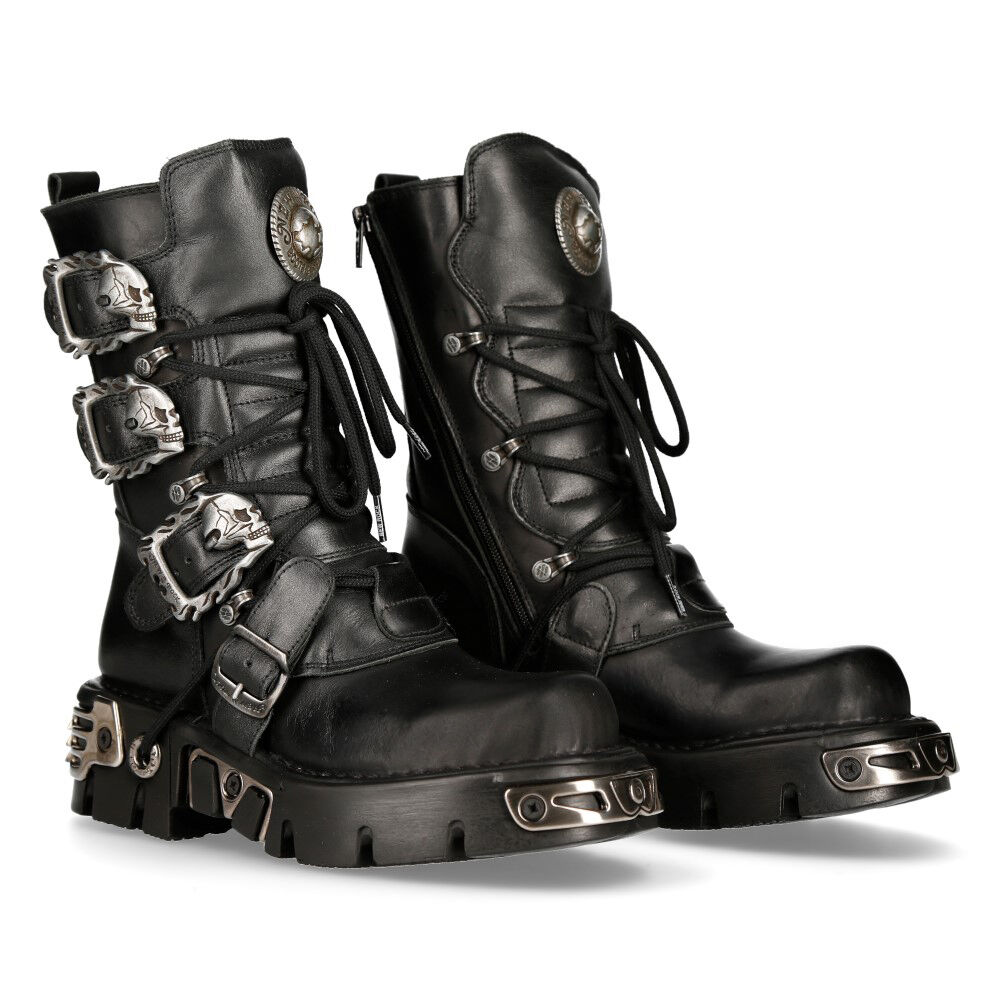 New Rock 391-S1 Stiefel Echtleder - Schwarz, Stiefel, Schuhe, Gurtenschnallen, Gummisohle, Lederstiefel
