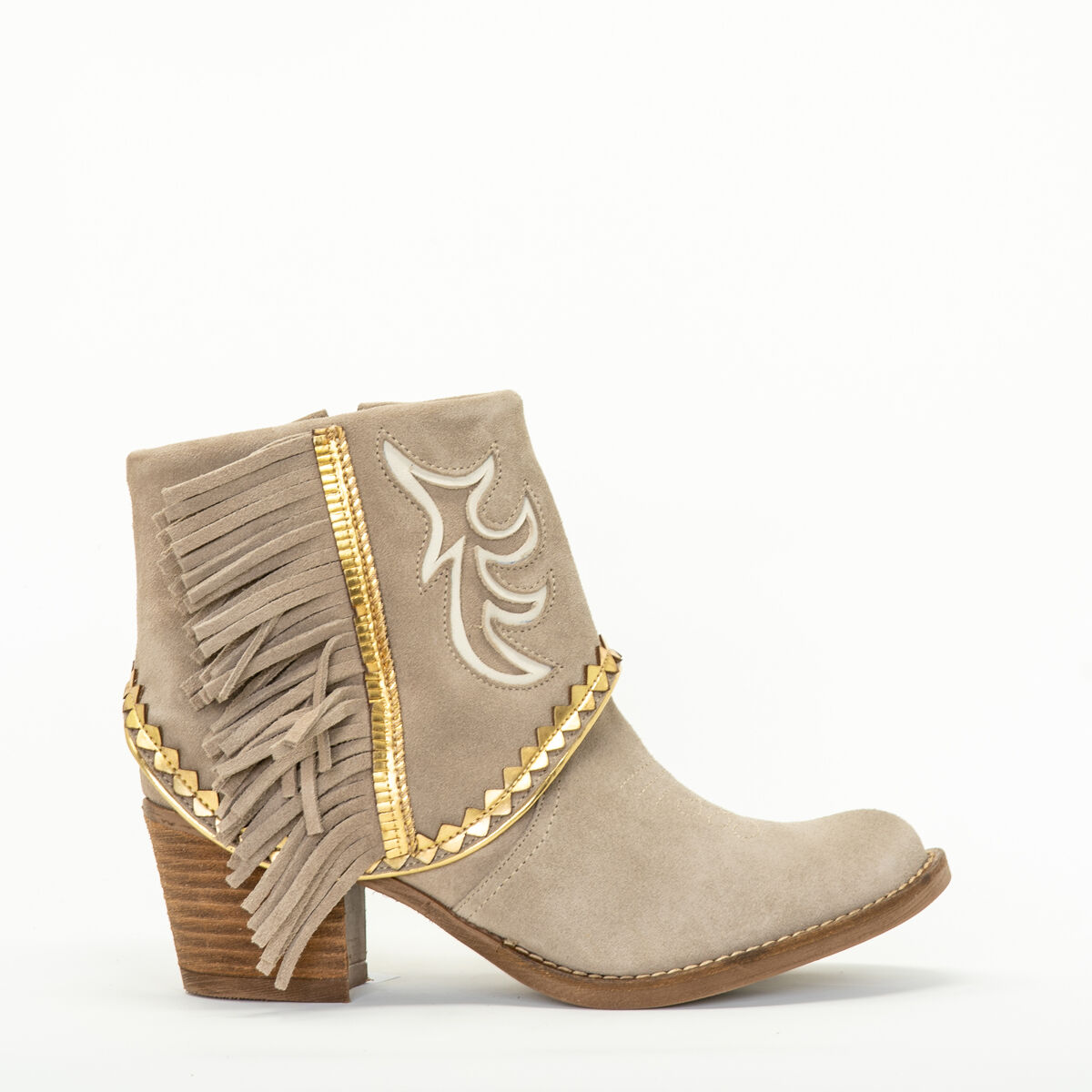 NEMONIC Boho Wildleder Fransen Booties Ante Pebble Hielo 2108 Lichtgrau Gold - 38, Bekleidung, Schuhwerk, Schuh, Hoher Absatz