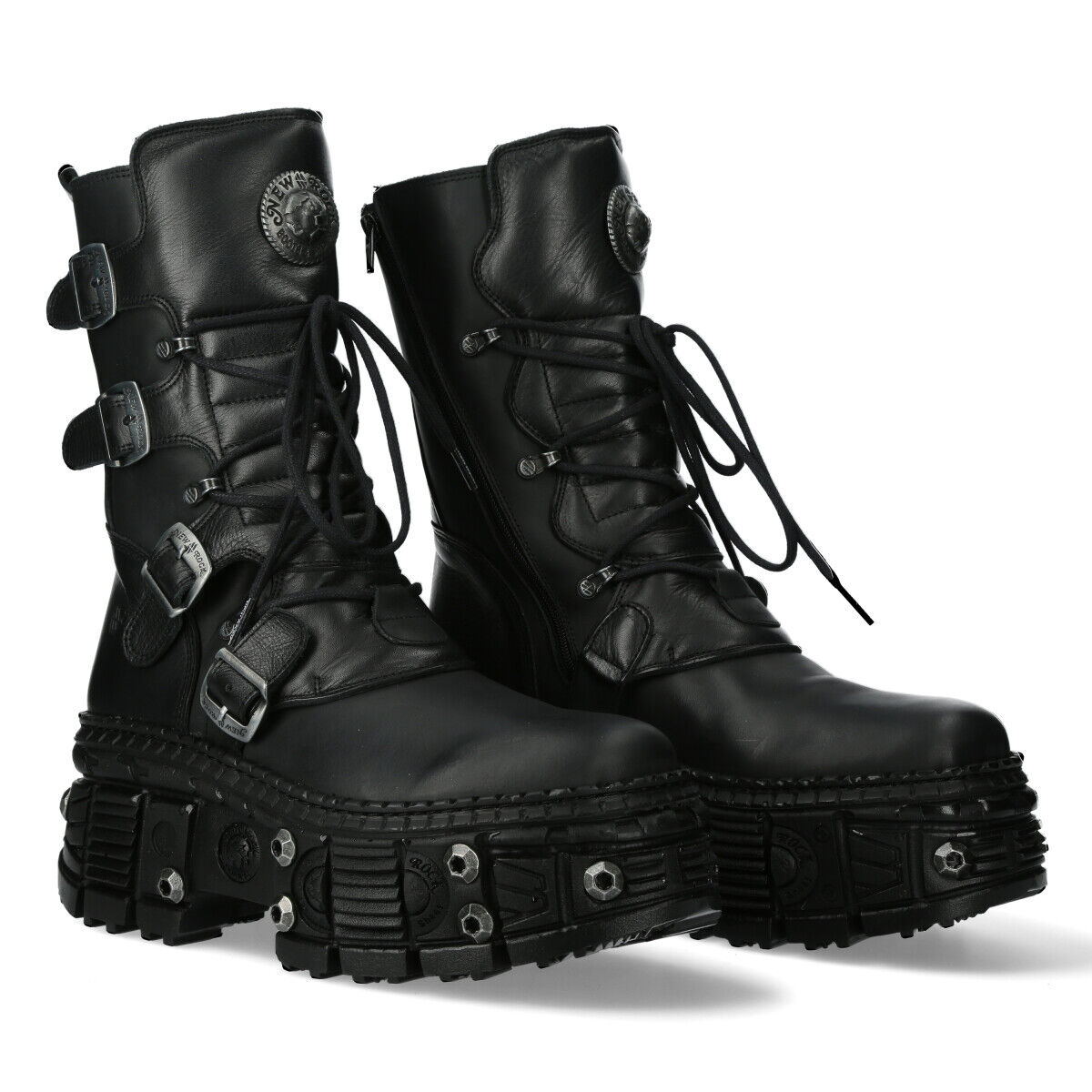 New Rock M-WALL373-S11 Stiefelette Echtleder - Schwarz, Winterschuhe, Stiefel, Leder, Gurtelriegel, Plateau-Sohle