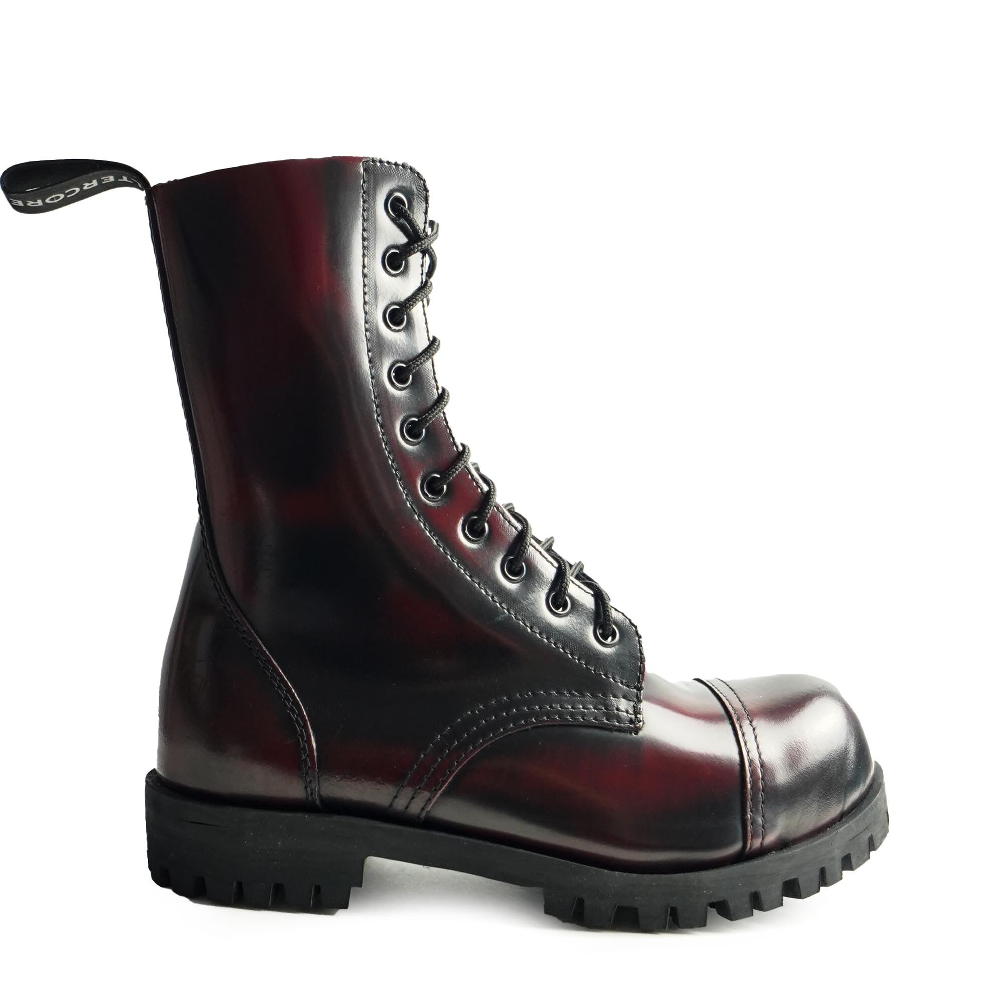 ALTERCORE 551 skórzane – Bordowe glany 10-dziurkowe ze stalowym noskiem i efektem Rub-Off , Stiefel, Lackleder, Stiefelette, Schwarz, Gummisohle, Stiefel, Schnürstiefel, Combat-Stiefel, Leder, Dunkelrot, Stiefel, Lackleiste, Stiefel Schwarz, Lederstiefel,