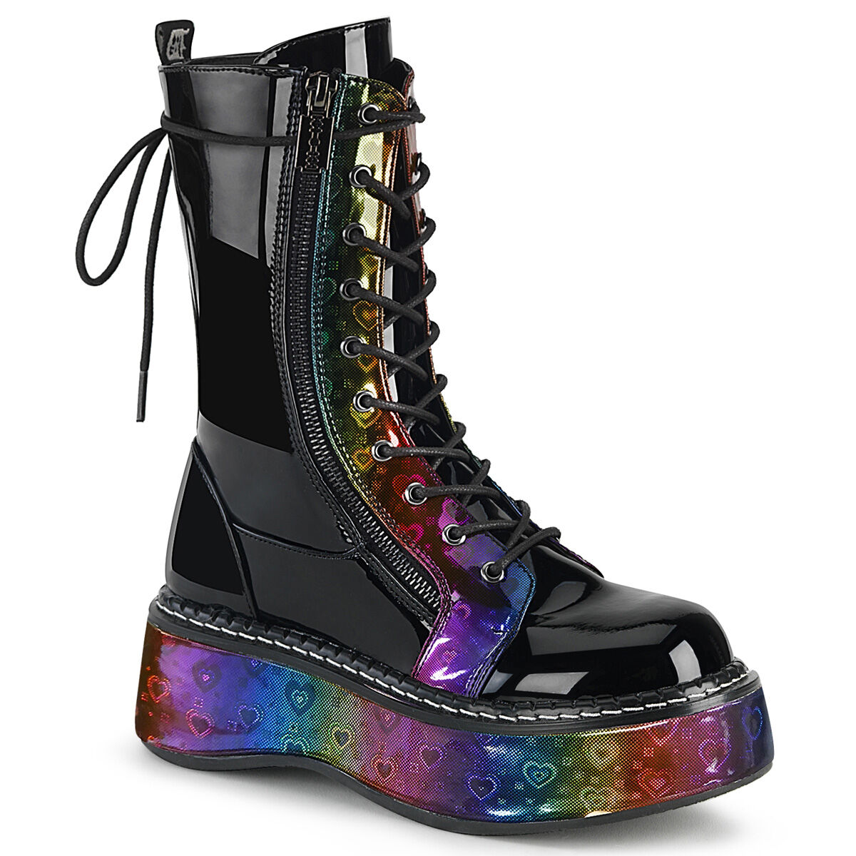 DemoniaCult EMILY-350 Plateau Stiefel Schwarz mit Regenbogen Hologramm EU 36