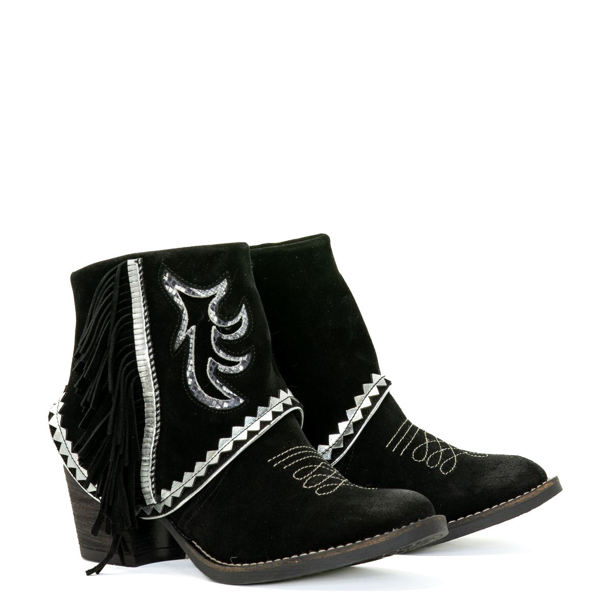 NEMONIC Boho Wildleder Fransen Booties Ante Negro Schwarz Silber 2108 - 40, Bekleidung, Schuhwerk, Schuh