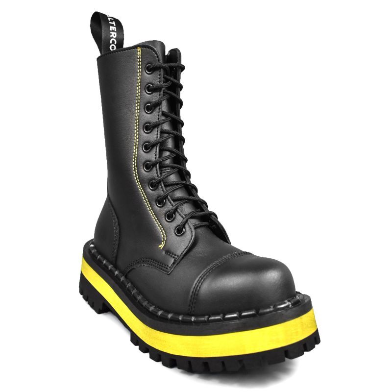 ALTERCORE 353 Vegan – Czarno-żółte glany 10-dziurkowe ze stalowym noskiem , Stiefel, Lackleder, Stiefel mit Schnürung, Gummizunge, gelb-schwarze Sohle, Stiefel, Leder, Schwarz, Stiefelette, Gummisohle, Stiefel, Schuh, Lackleder, Knöchelstiefel, Gummisohle
