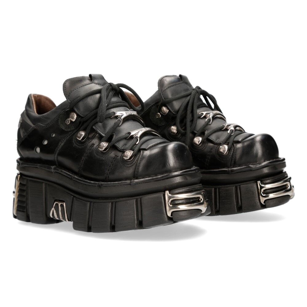 New Rock M-120N-S27 Stiefelette Echtleder - Schwarz, schwarze Schuhe, Stiefel, Schnürschuhe, Plateausohle, Metallakzente