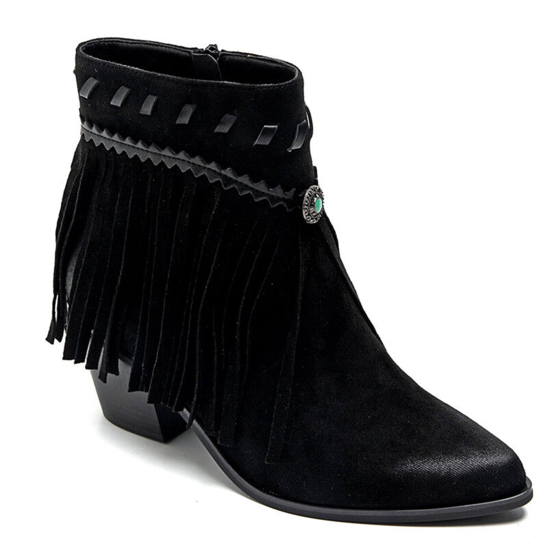 PeachyBoots Boho Western Booties Schwarz mit Fransen 41, Bekleidung, Schuhwerk, Schuh, Hoher Absatz, Wildleder