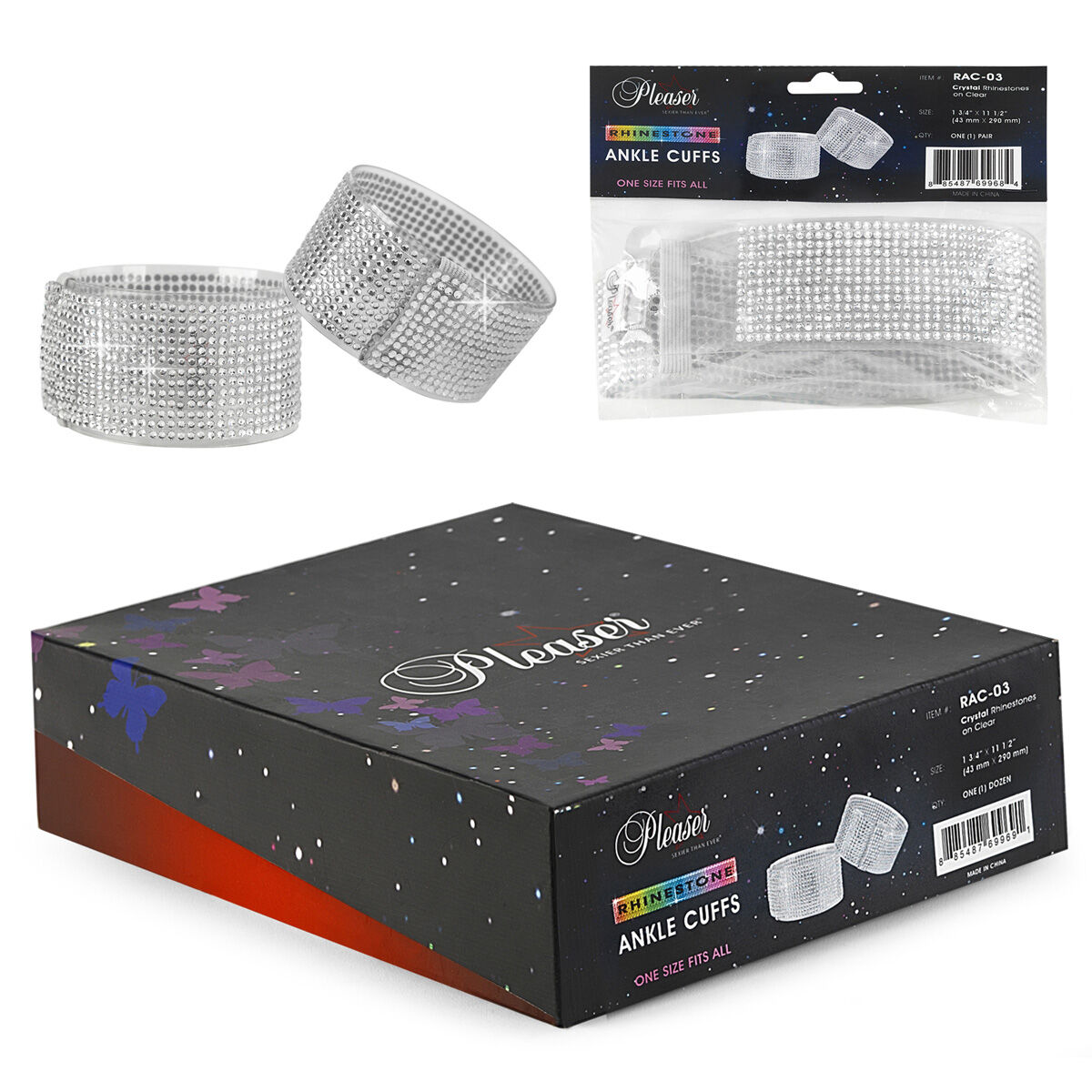 Pleaser RAC-03 Tobilleras con strass 4,5 x 29 cm, plateado, transparente