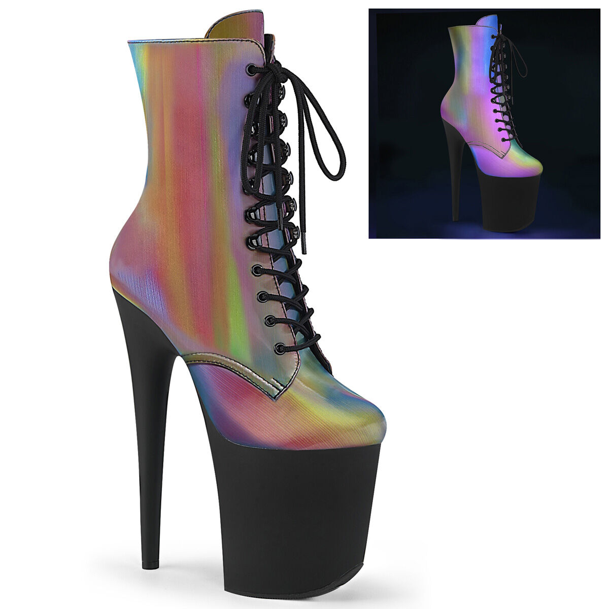 Pleaser FLAMINGO-1020REFL Plateau Stiefeletten Regenbogen Reflexion - Schwarz Matt EU 35