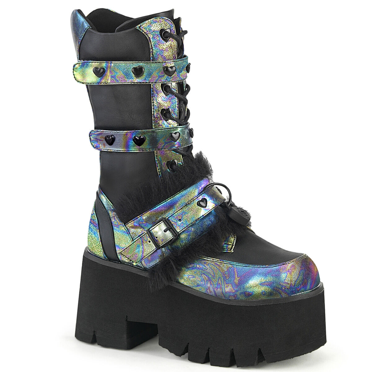 DemoniaCult ASHES-120 Mid Calf Stiefel Schwarz Vegan - Grün - Multi EU 36