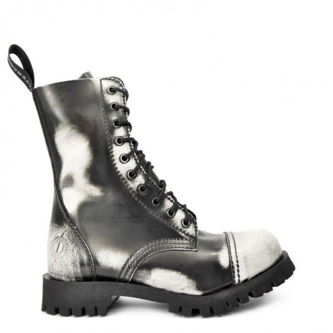 ALTERCORE 551 skórzane – Czarno-białe glany 10-dziurkowe ze stalowym noskiem i efektem Rub-Off , Stiefel, Lackleder, Stiefelette, Metallisch, Schnürung, Stiefel, Lackleiste, Metallisch, Gummisohle, Stiefelette, Stiefel, Lederstiefel, Gummisohle, Metallisc