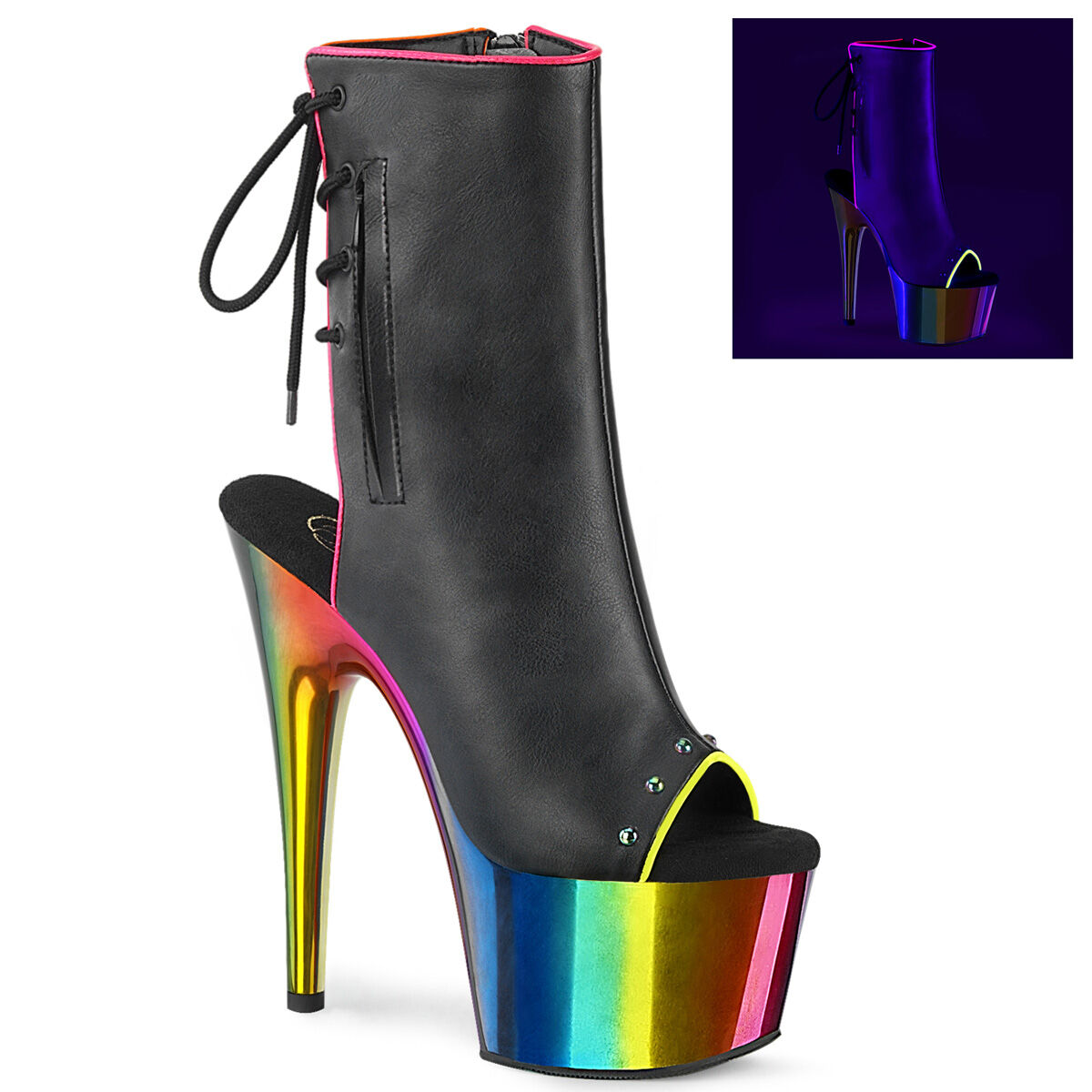 Pleaser ADORE-1018RC-02 Plateau Stiefeletten Schwarz Kunstleder - Regenbogen Chrome EU 35