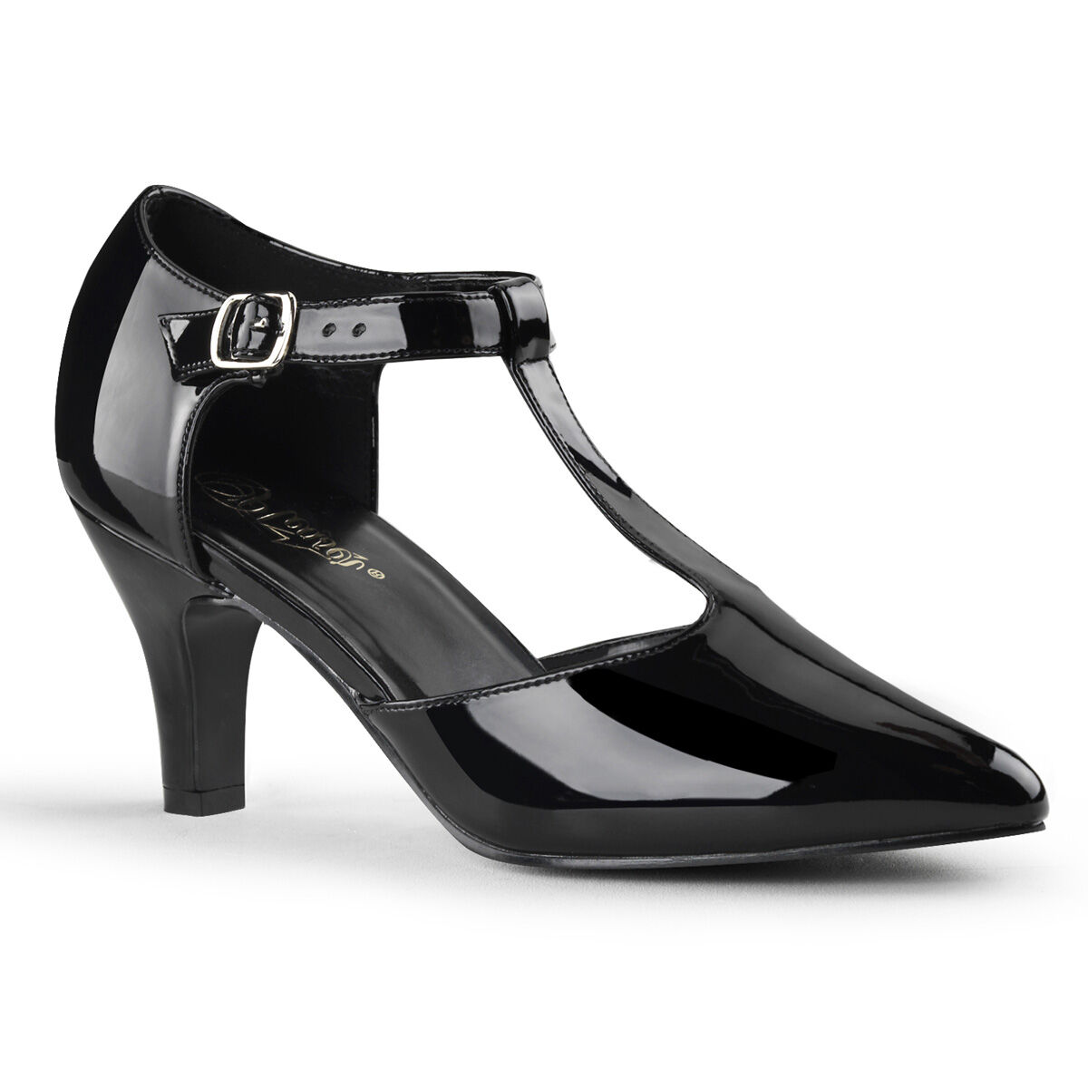 pleaser-divine-415-t-strap-pumps-schwarz-lack-hochglanz-gurtel, Schuhwerk, Schuh, Hoher Absatz, Sandale, Riemen