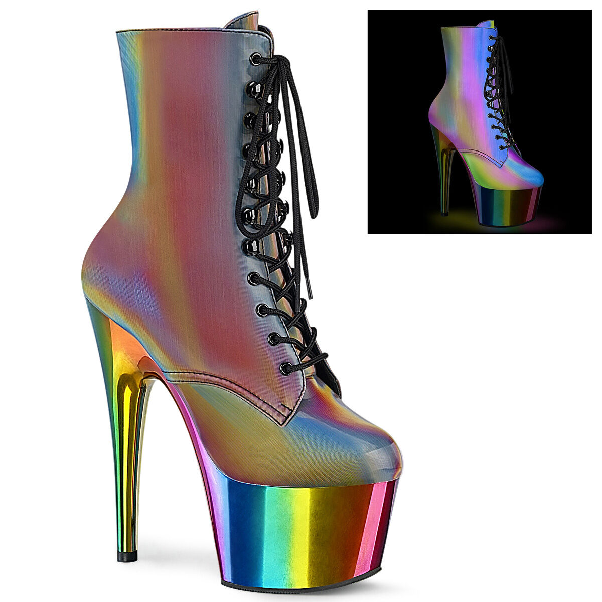 Pleaser ADORE-1020RC-REFL Plateau Stiefeletten Regenbogen Reflexion EU 35