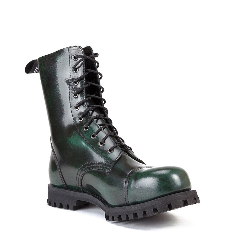 ALTERCORE 551 skórzane – Zielone glany 10-dziurkowe ze stalowym noskiem i efektem Rub-Off , Stiefel, Lackleder, Kautschuksohle, Stiefelhoch, Schwarzgrün, Stiefel, Lackleder, Gummisohle, Knöchelhoher Schuh, Schwarzgrün, Stiefel, Stiefelette, Lackleder, Dun