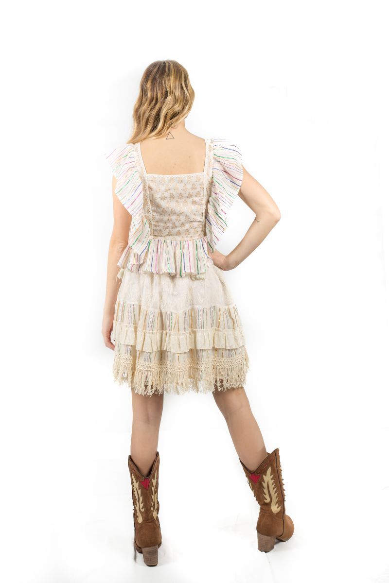 SAVAGE CULTURE Bluse Marrakesch Beige mit Volants und Quasten für Damen - M, Bekleidung, Kleid, Person, Bekleidung, Kleid, Person, Bekleidung, Kleid, Person