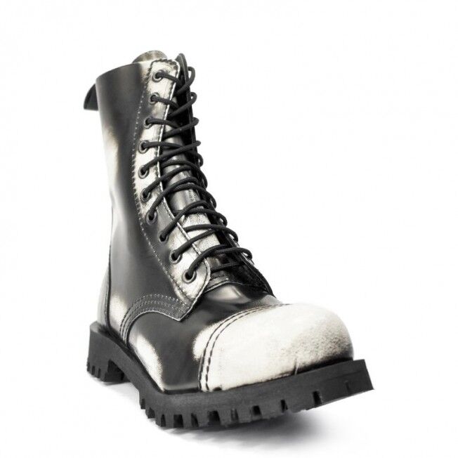 ALTERCORE 551 skórzane – Czarno-białe glany 10-dziurkowe ze stalowym noskiem i efektem Rub-Off , Stiefel, Stiefelette, Gummisohle, Metallic Leder, Lederstiefel, Stiefel, Stiefelette, Lackleder, Gummisohle, Metallic, Stiefel, Stiefelboots, Schuh, Kampfboot