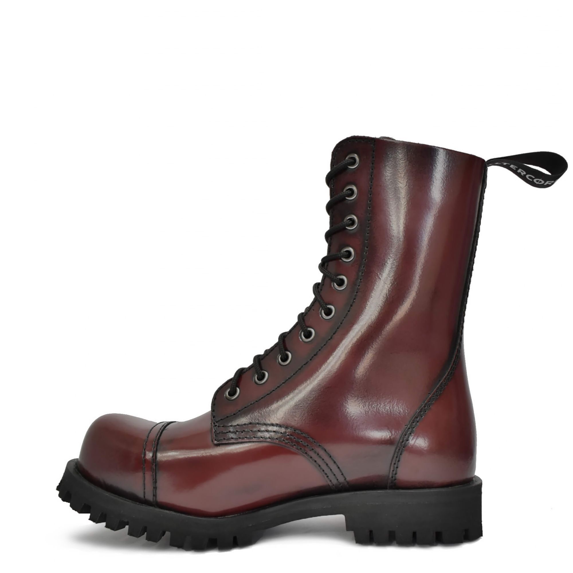 ALTERCORE 551 skórzane – Bordowe glany 10-dziurkowe ze stalowym noskiem i efektem Rub-Off , Stiefel, Lederstiefel, Stiefel mit Schnürung, Gürtelöse, roter Gloss-Look, Stiefel, Bottine, Lackleder, Stiefel mit Schnürung, Gummisohle, Stiefel, Boot, Stiefelet