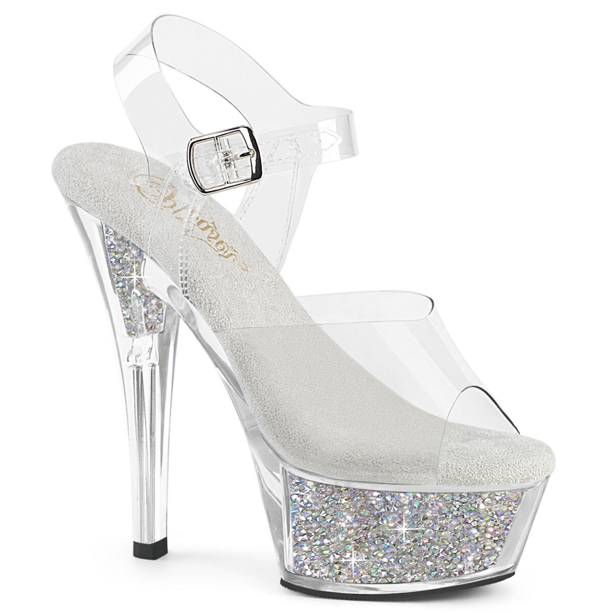 pleaser-kiss-208rsi-sandalen-klar-silber-glitzer-plateau, Bekleidung, Schuhwerk, Hoher Absatz, Schuh