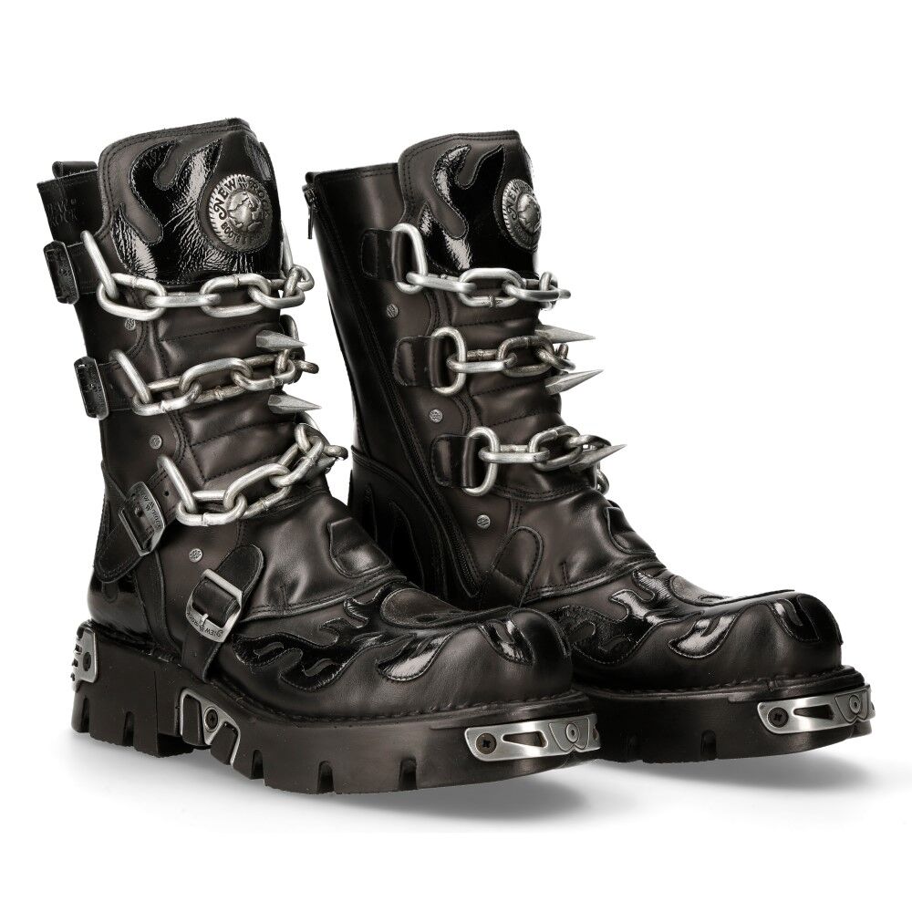 New Rock M-727-S5 Stiefel Echtleder - Silber/Stahl, Stiefel, Lederstiefel, Stiefel mit Schnallen, Kettchen-Schnallen, Gothic Stil