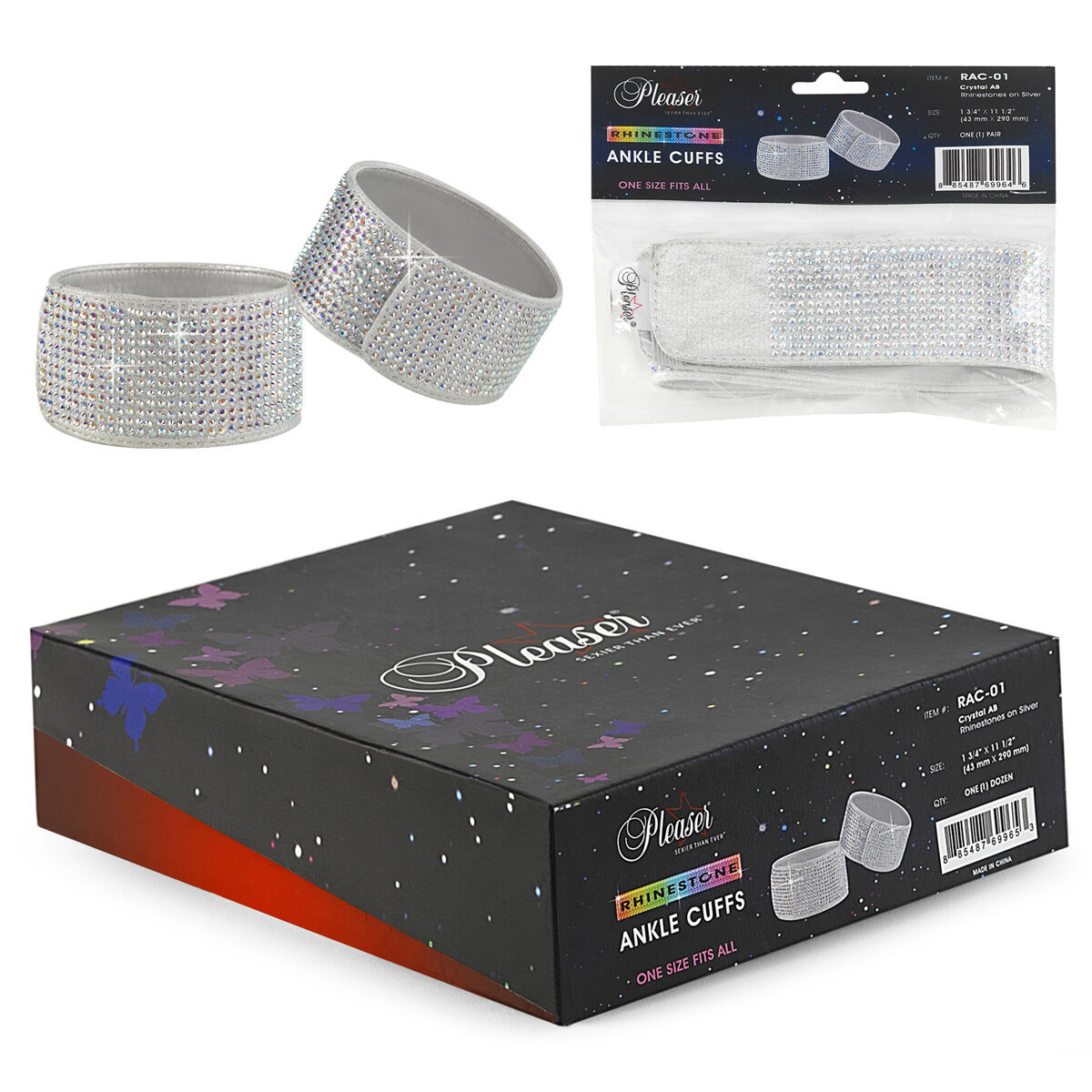 Pleaser RAC-01 Strass Fußfesseln 4,5 x 29 cm Silber Grau