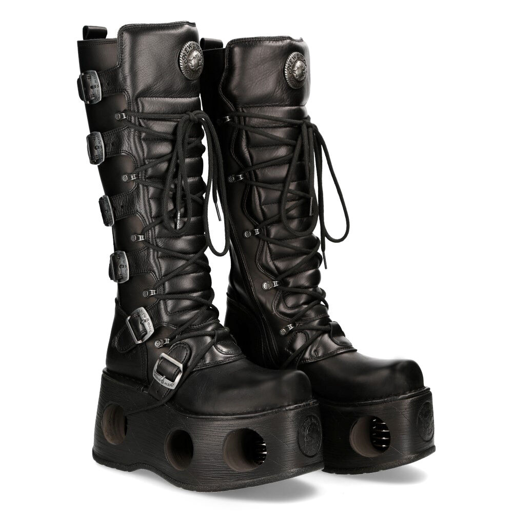 New Rock 272-S2 Hoher Stiefel Echtleder - Schwarz, Stiefel, Gummisohle, Leder, Kniehohe Stiefel, Schnürung