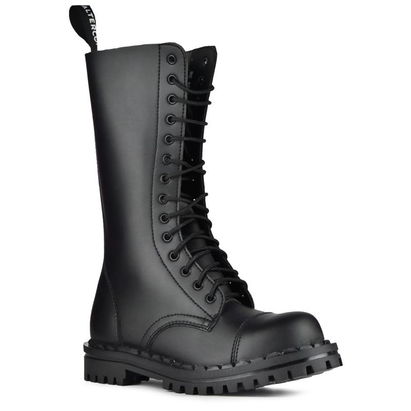 ALTERCORE 352 VEGAN – 14-Loch Boots mit Stahlkappe in Schwarz,  kniehoher Stiefel,  Combatstiefel,  Schnürstiefel,  schwarzes Leder,  robuster Sohle