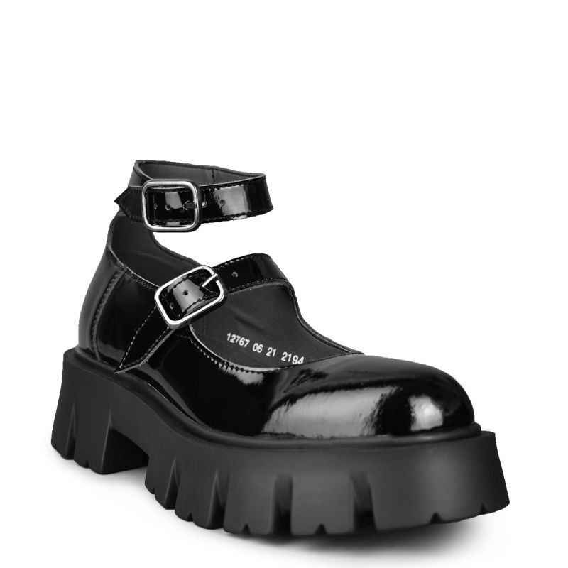 ALTERCORE CONSTANCE VEGAN – Halbschuhe mit Schnallen-Details in Schwarz Lack, Plateau-Schuhe, Lochleder, Gummi-Sohle, Schwarz, Spangen-Schuhe