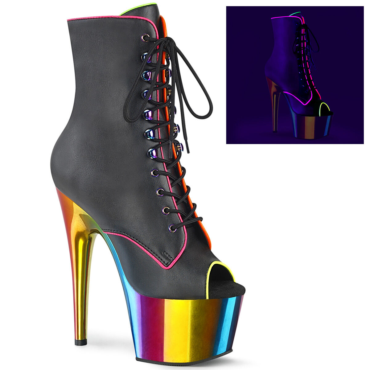 Pleaser ADORE-1021RC-02 Plateau Stiefeletten Schwarz Kunstleder - Regenbogen Chrome EU 35