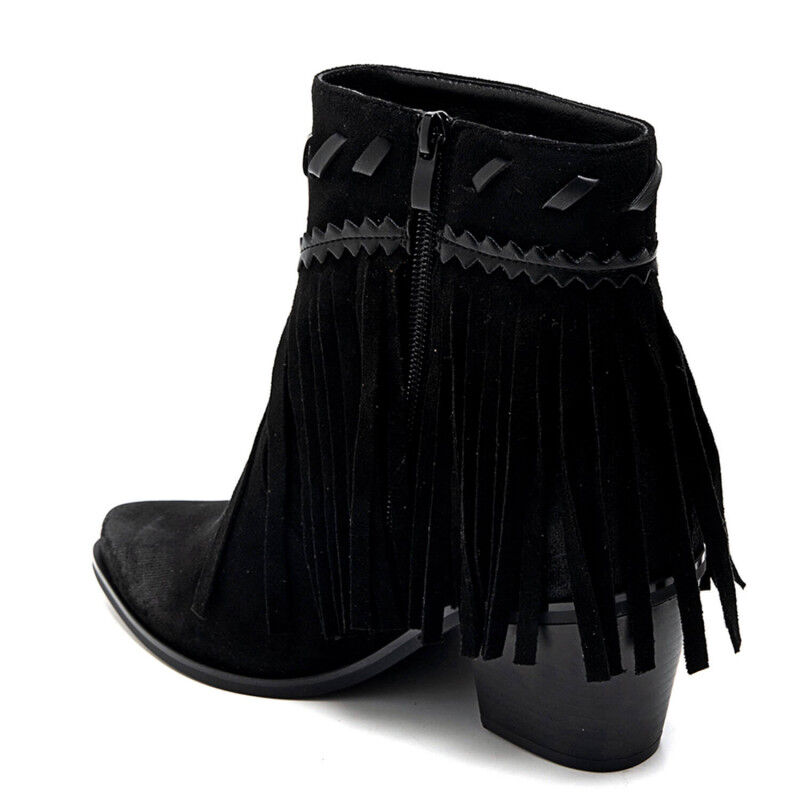 PeachyBoots Boho Western Booties Schwarz mit Fransen 41, Schuhwerk, Schuh, Hoher Absatz, Tasche, Handtasche