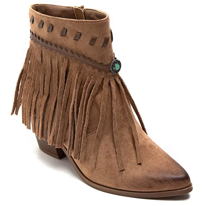 PeachyBoots Boho Western Booties Kamel mit Fransen