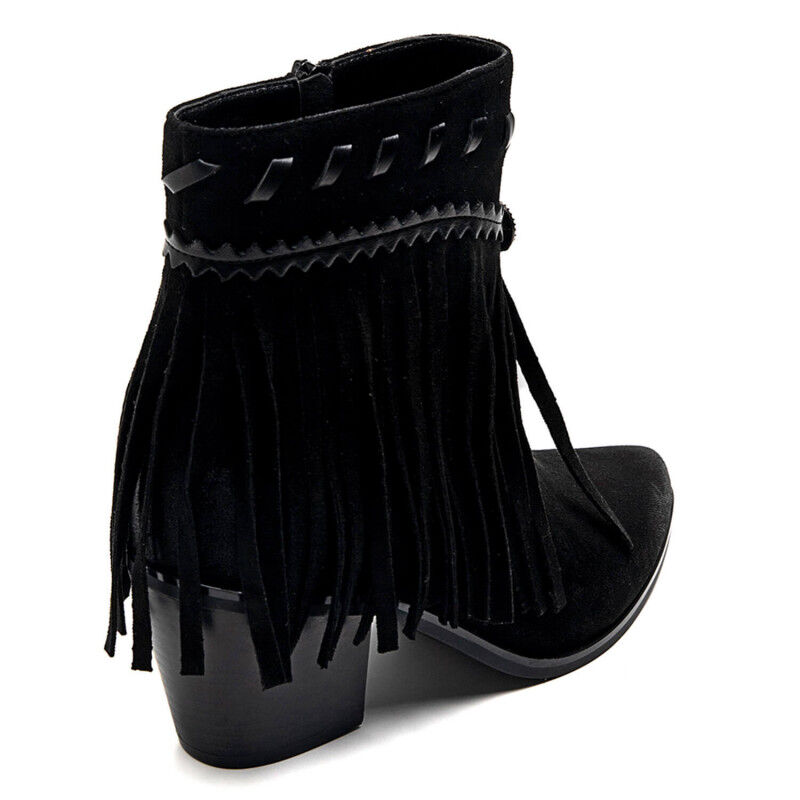 PeachyBoots Boho Western Booties Schwarz mit Fransen 41, Schuhwerk, Schuh, Hoher Absatz, Tasche, Handtasche