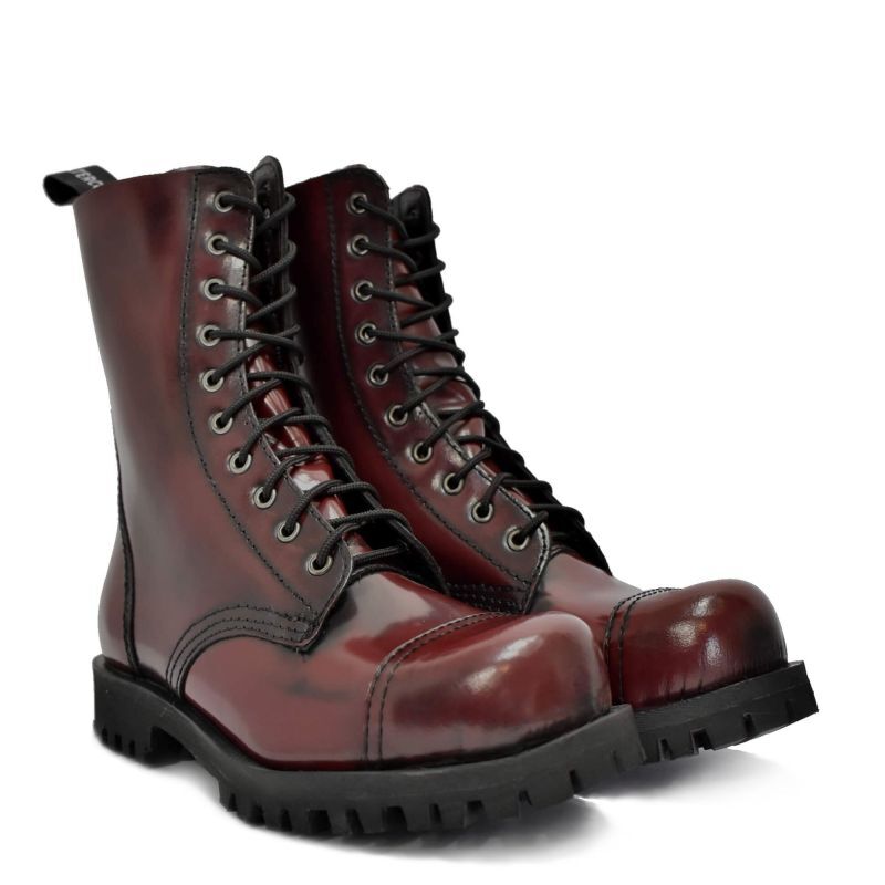 ALTERCORE 551 skórzane – Bordowe glany 10-dziurkowe ze stalowym noskiem i efektem Rub-Off , Stiefel, Lackleder, Burgunderrot, Stiefel mit Schnürung, Gummisohle, Stiefel, Martinstiefel, Leder, Kettenstiefel, Bordeaux, Stiefel, Boots, Burgundy, Lackleder, S