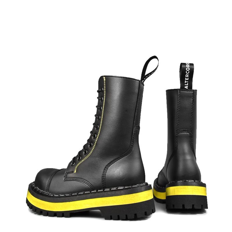 ALTERCORE 353 Vegan – Czarno-żółte glany 10-dziurkowe ze stalowym noskiem , Stiefel, Schwarz, Leder, Gelbe Sohle, Stiefelette mit Gelbkante, Stiefel, Schaftrand, Lackleder, Gummisohle, Schwarz, Stiefel, Lackleder, Gummisohle, Schwarz, Stiefelette, Stiefel