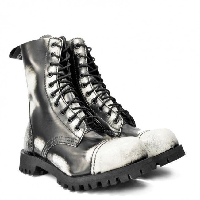 ALTERCORE 551 skórzane – Czarno-białe glany 10-dziurkowe ze stalowym noskiem i efektem Rub-Off , Stiefel, Stiefel Paar, Lackleder, Stiefel metallic, Gummisohle, Stiefel, Lackleder, Stiefel mit Schnürung, Metallic Leder, Gummisohle, Stiefeletten, Stiefel, 