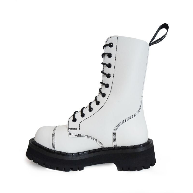 ALTERCORE 353 Vegan – Białe glany 10-dziurkowe ze stalowym noskiem , Stiefel, Leder, weiße Farbe, Gummisohle, Schnürstiefel, Stiefel, Leder, Weiß, Gummisohle, Schnürstiefel, Stiefel, Boot, Lackleder, weiße Farbe, knöchelhoch, Stiefel, Lackleder, Gummisohl