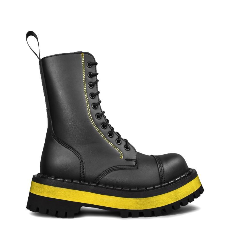 ALTERCORE 353 Vegan – Czarno-żółte glany 10-dziurkowe ze stalowym noskiem , Stiefel, Stiefelette, Leder, Gummisohle, Gelb-Akzent, Stiefel, schwarzes Leder, gelbe Sohle, Schnürstiefel, Zuglasche, Stiefel, Stiefel boot, Kampfstiefel, Gummisohle, gelbe Zwisc