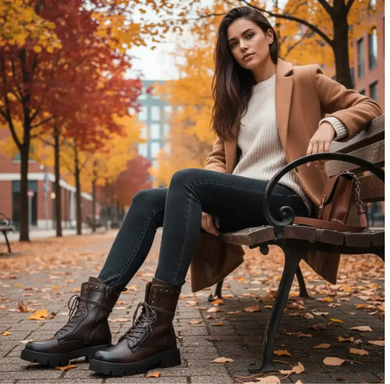 PeachyBoots PUNK-225 Urban Boots für Frauen – Vegan, Braun, Nieten, Plateau & Blockabsatz 38