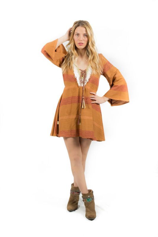 SAVAGE CULTURE Maledivas IV Minikleid mit langen Ärmeln und Fransen, Marron - M, kostüm, Person, Kleid, Erwachsener, Frau, kostüm, Person, Kleid, Erwachsener, Frau, kostüm, Person, Kleid, Erwachsener, Frau