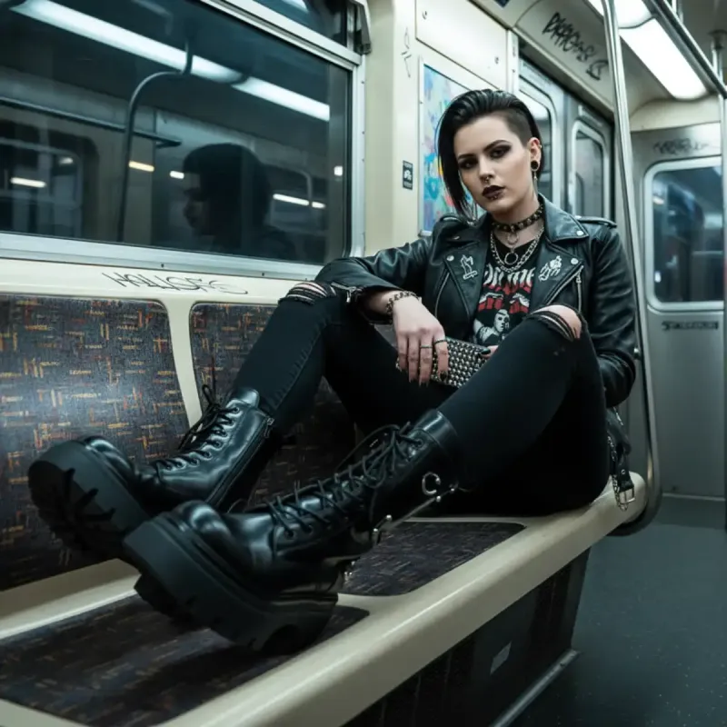 PeachyBoots PUNK-425 Urban Boots für Frauen – Vegan, Schwarz, Punk Applikationen, Plateau & Blockabsatz 41