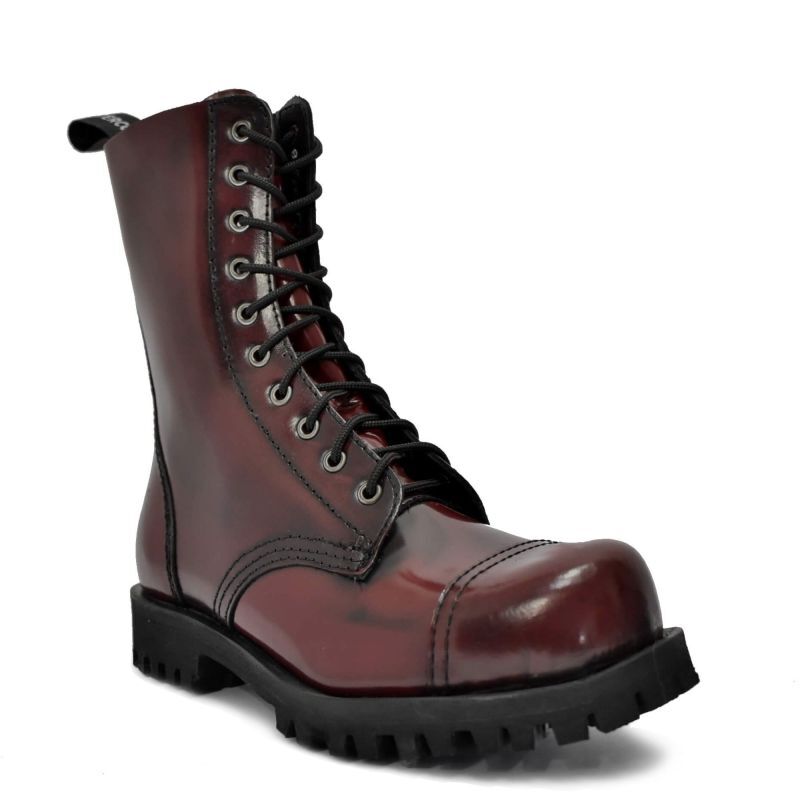 ALTERCORE 551 skórzane – Bordowe glany 10-dziurkowe ze stalowym noskiem i efektem Rub-Off , Stiefel, Lederstiefel, Stiefel mit Schnürung, Gummi/Phylon-Sohle?, Dunkelrot, Stiefel, Lackleder, Stiefel mit Schnürung, Gummisohle, Kunstleder, Stiefel, Lackleder