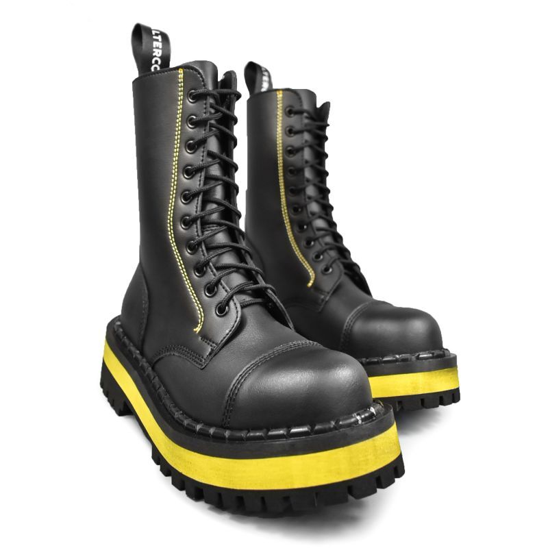 ALTERCORE 353 Vegan – Czarno-żółte glany 10-dziurkowe ze stalowym noskiem , Stiefel, Lackleder, Bergstiefel, Stiefel mit Gelb, Plateau-Sohle, Stiefel, Stiefel mit Plattform, Lackleder, Gummisohle, gelb Akzent, Stiefel, Lackleder, Stiefeletten, Gummi?, Gel