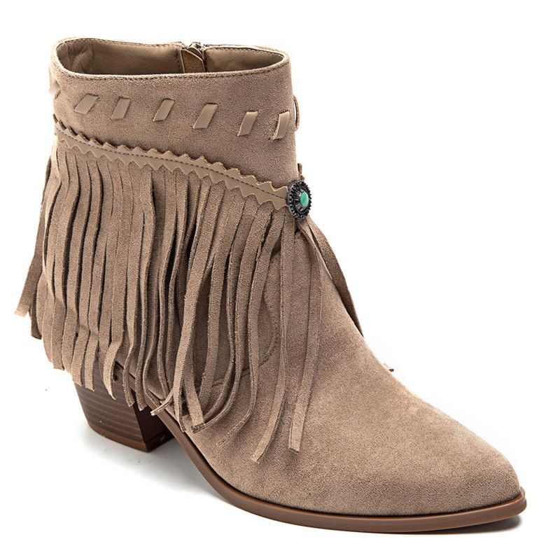 PeachyBoots Boho Western Booties Beige mit Fransen 41, Bekleidung, Schuhwerk, Schuh, Hoher Absatz